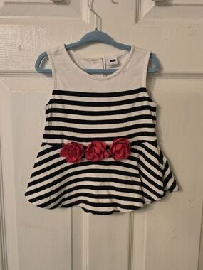 Janie and Jack Blue & White Striped Peplum Tank with Red Flower Accents